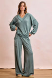 BiBi Two Tone Cord Rib Contrast Stitching V-Neck Top and Pants Set - Trendsi - Flyclothing LLC