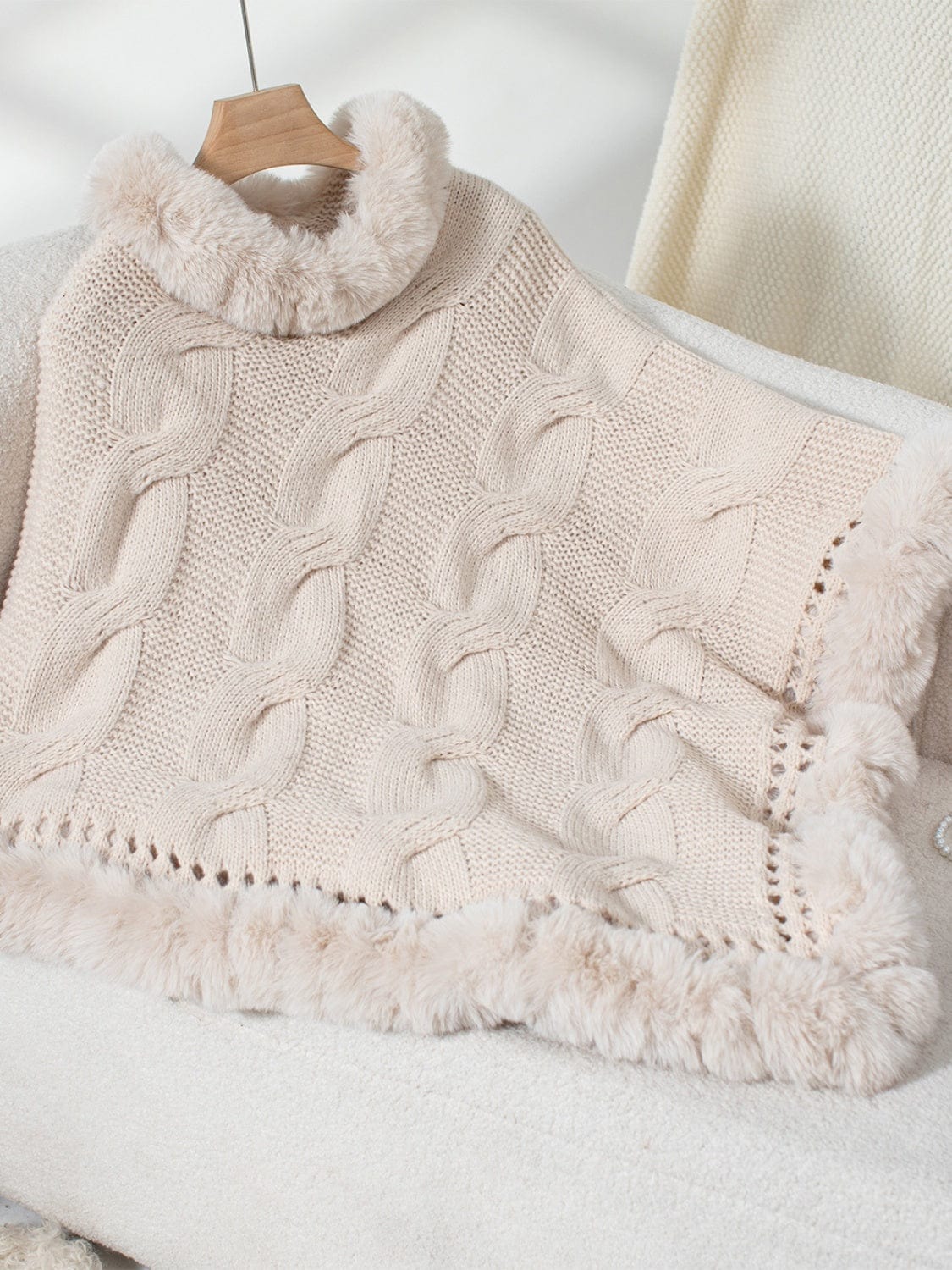 Fuzzy Hem Cable-Knit Poncho - Trendsi