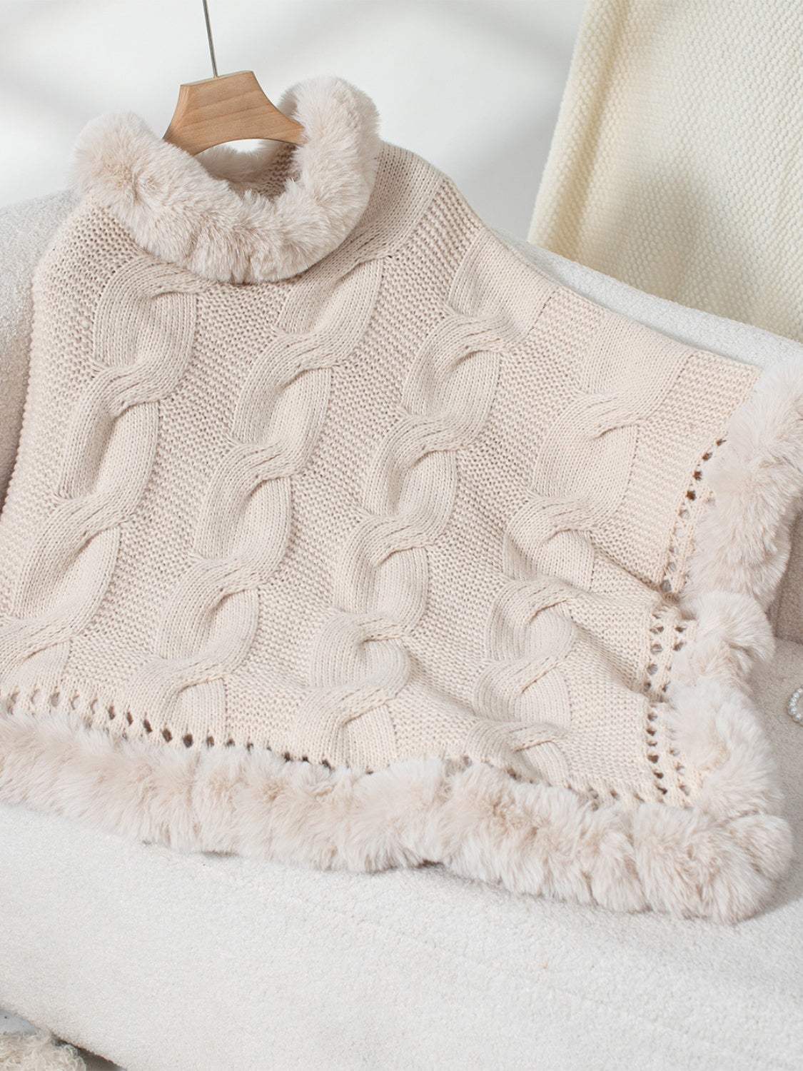 Fuzzy Hem Cable-Knit Poncho - Trendsi - Flyclothing LLC