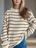 Striped Round Neck Long Sleeve Sweater - Trendsi - Flyclothing LLC