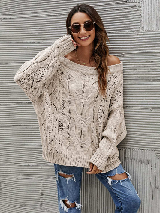 Cable Knit Openwork Off-Shoulder Sweater - Trendsi - Flyclothing LLC