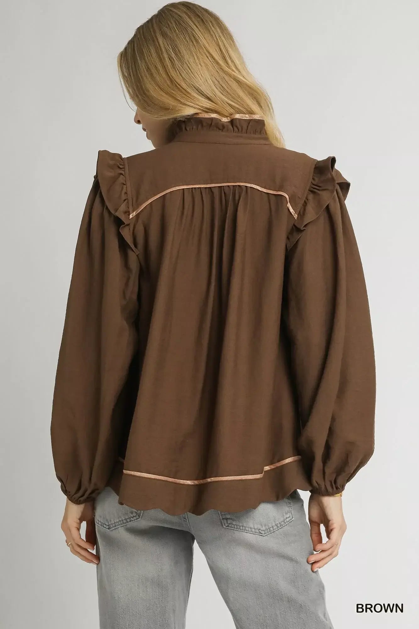 Umgee Ruffle Shoulder Long Sleeve Blouse - Trendsi - Flyclothing LLC