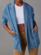 Pocketed Lapel Collar Long Sleeve Denim Jacket - Trendsi - Flyclothing LLC