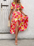 Printed V-Neck Flutter Sleeve Midi Dress - Trendsi