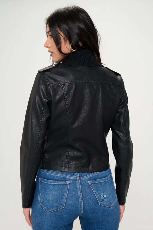 Coalition LA Knit Collared Faux Leather Crop Jacket - Trendsi - Flyclothing LLC