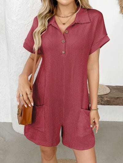 Button Detail Collared Neck Short Sleeve Romper - Trendsi