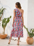 Ruffled Printed One Shoulder Midi Dress - Trendsi