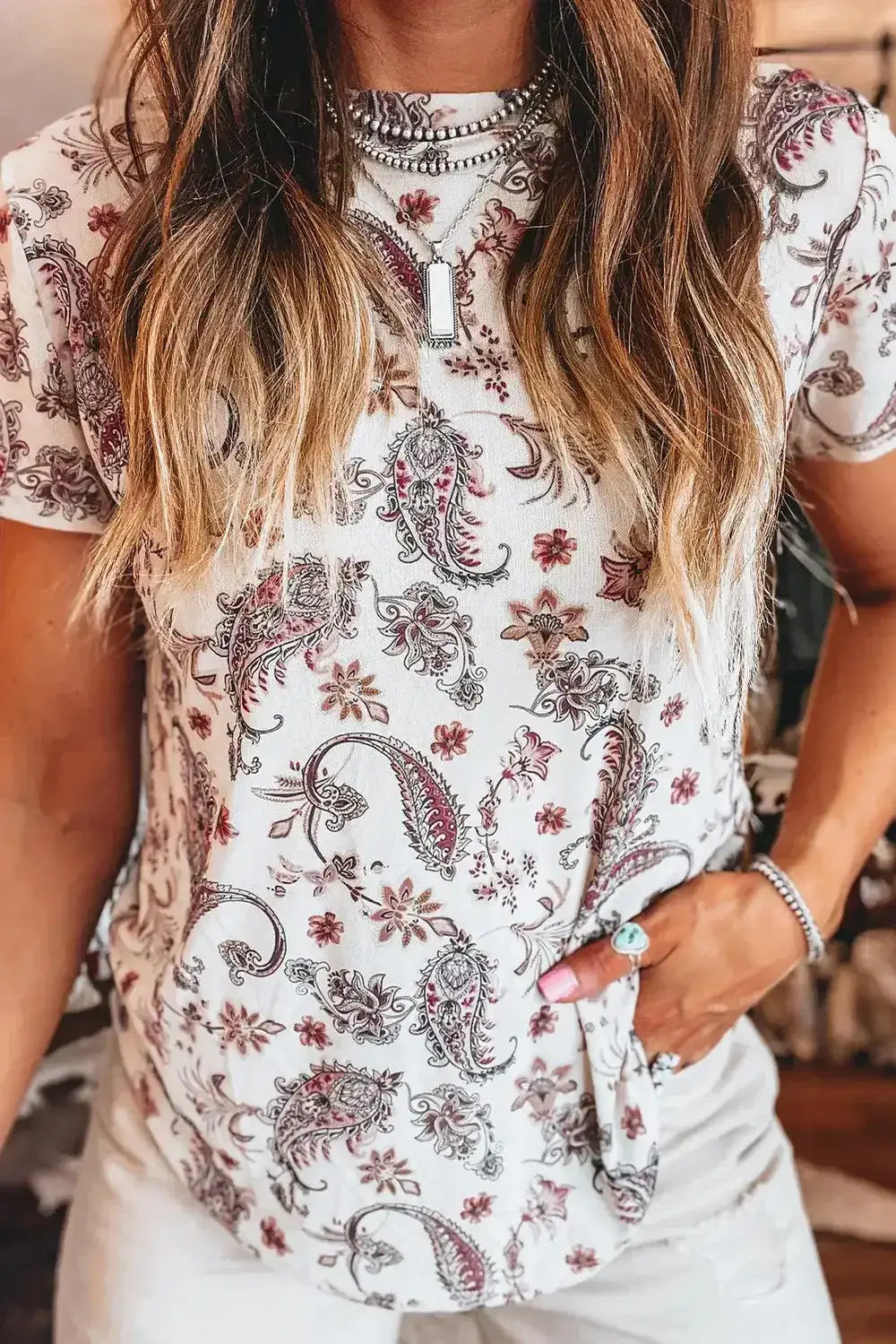 Paisley Mock Neck T Shirt - Trendsi - Flyclothing LLC