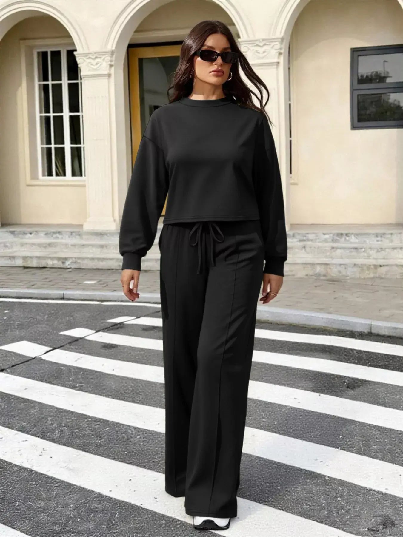 Solid Color Long Sleeve Top & Wide Leg Pants Set - Trendsi - Flyclothing LLC