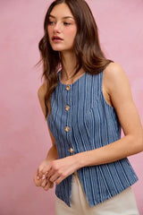 SO ME Stripe Slim Fit Button Front Denim Vest Top - Trendsi - Flyclothing LLC
