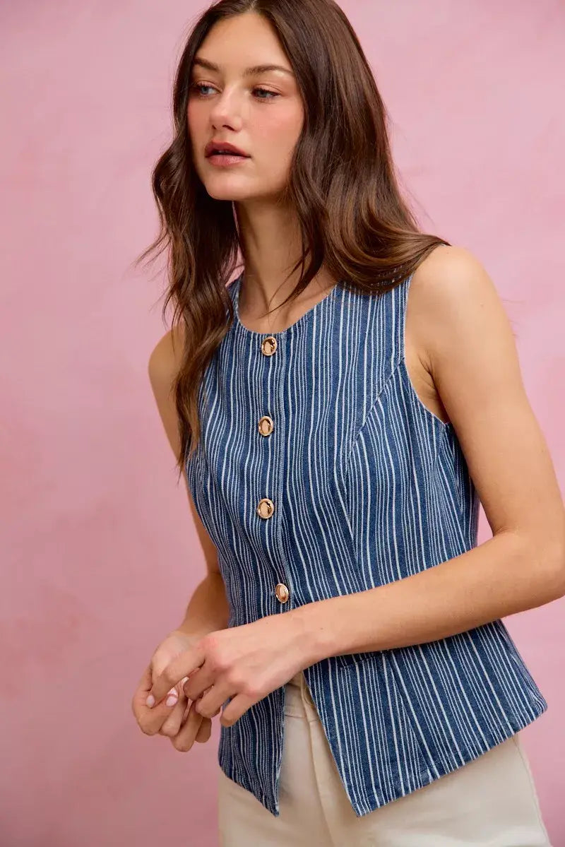 SO ME Stripe Slim Fit Button Front Denim Vest Top - Trendsi - Flyclothing LLC