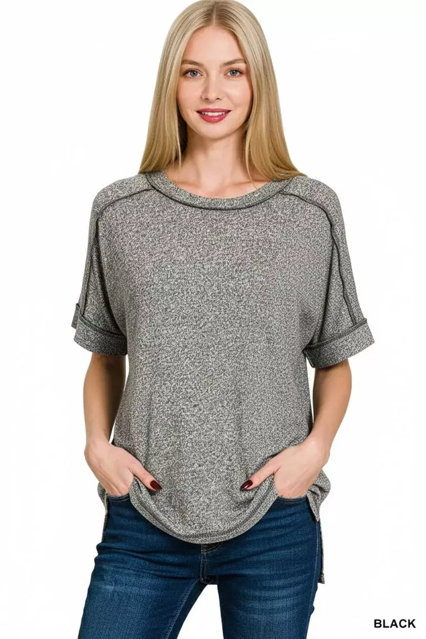 Zenana Full Size Soft Melange Hacci Short Sleeve Hi-low Tee Plus Size - Trendsi - Flyclothing LLC