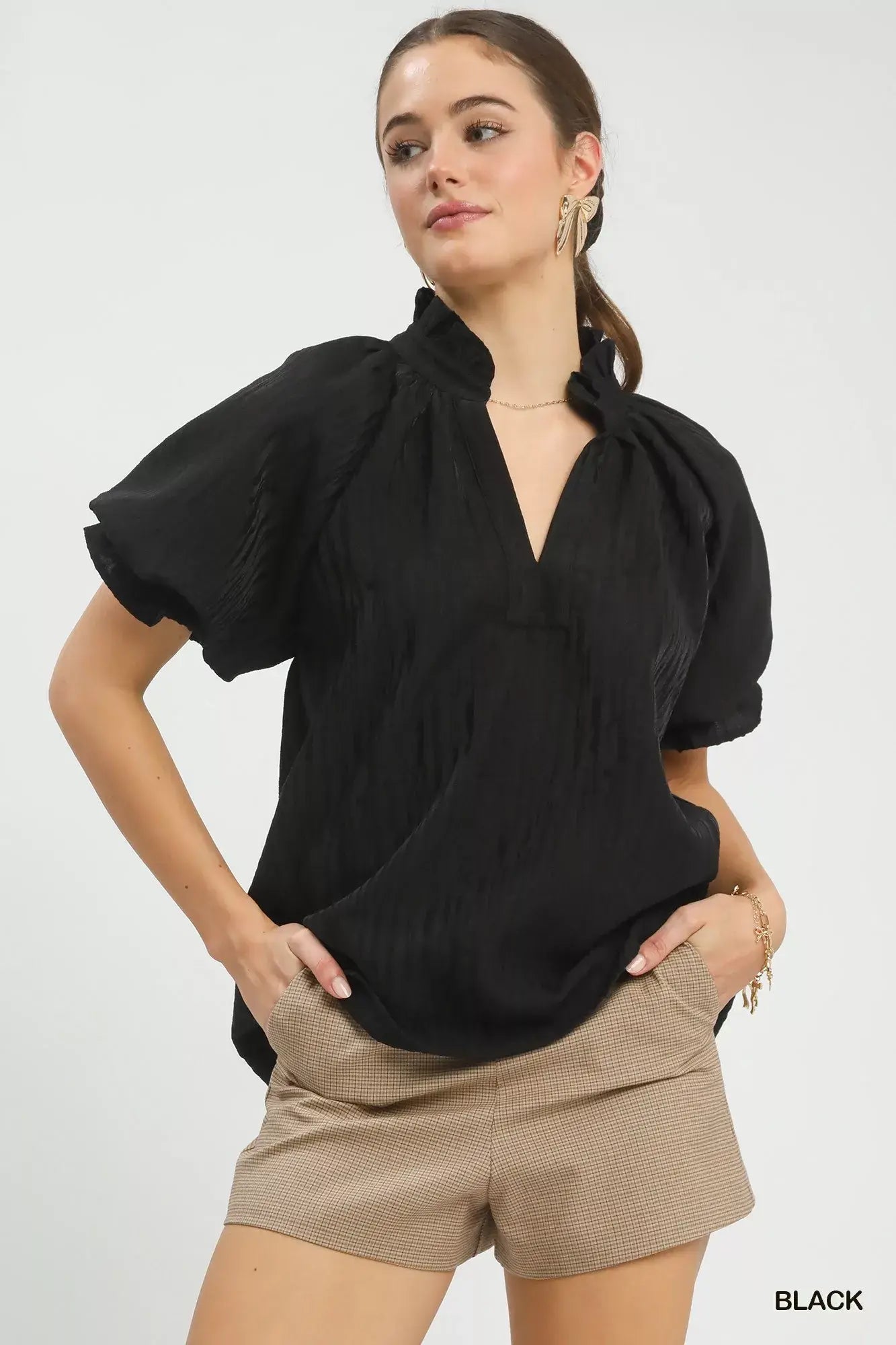 Umgee Textured Puff Sleeve Split Neck Top - Trendsi - Flyclothing LLC
