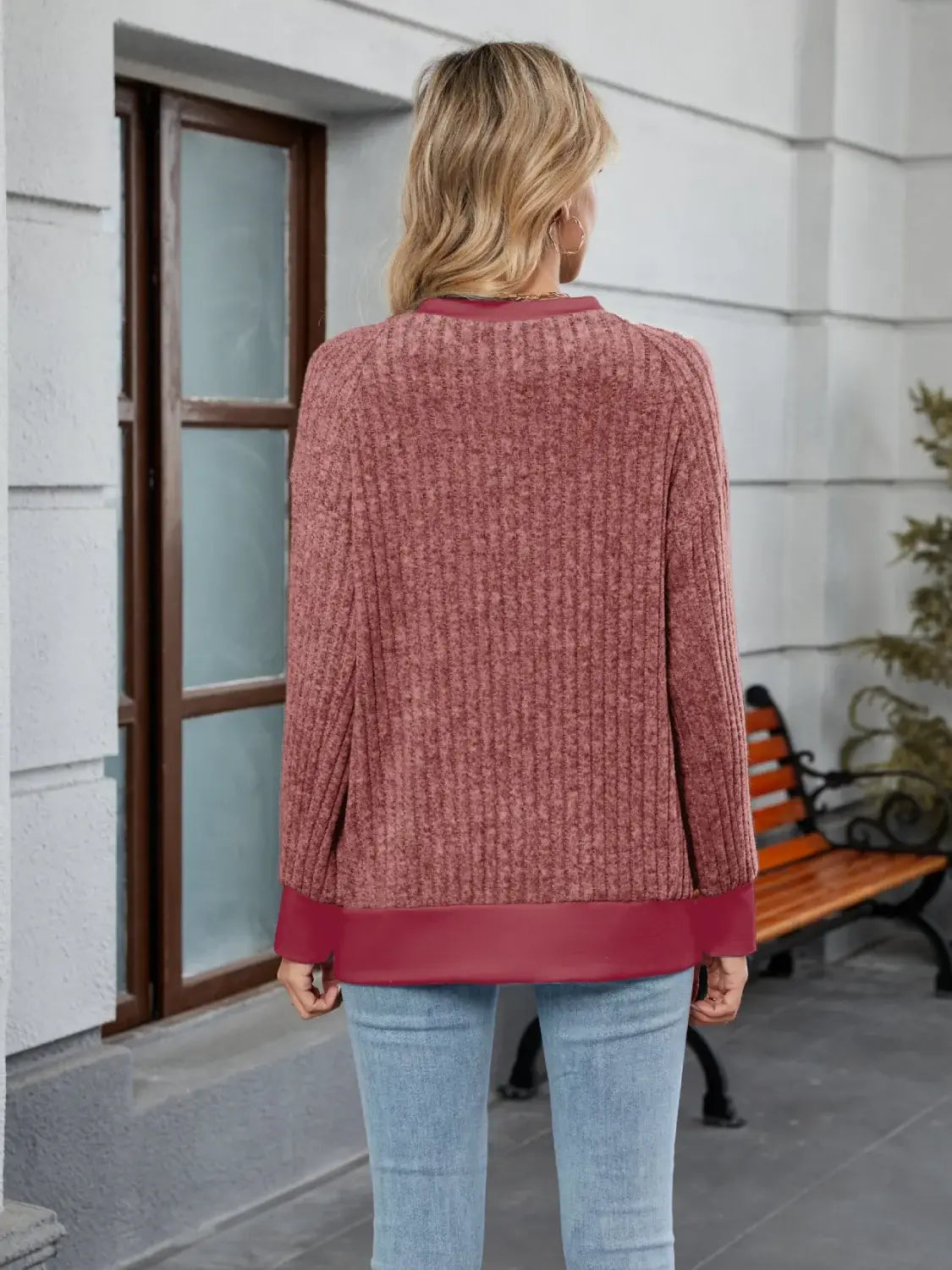 Contrast Trim Round Neck Long Sleeve T-Shirt - Trendsi - Flyclothing LLC