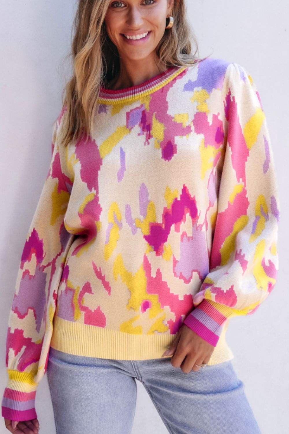Contrast Round Neck Long Sleeve Sweater - Trendsi - Flyclothing LLC