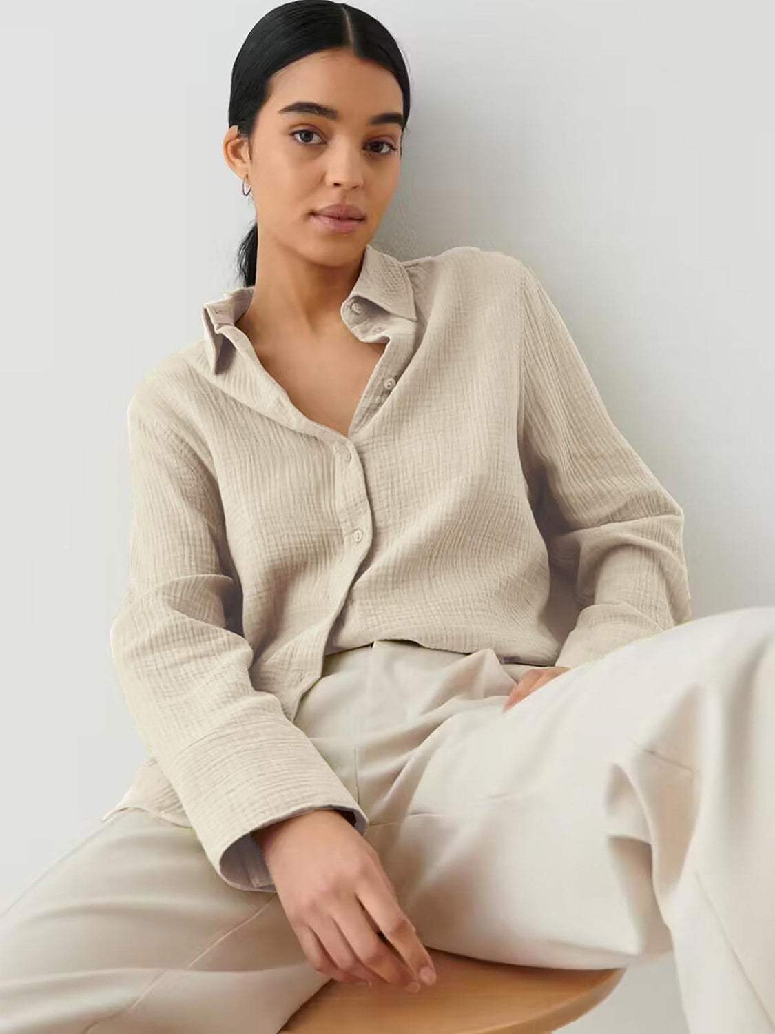 Textured Collared Neck Long Sleeve Shirt - Trendsi - Flyclothing LLC