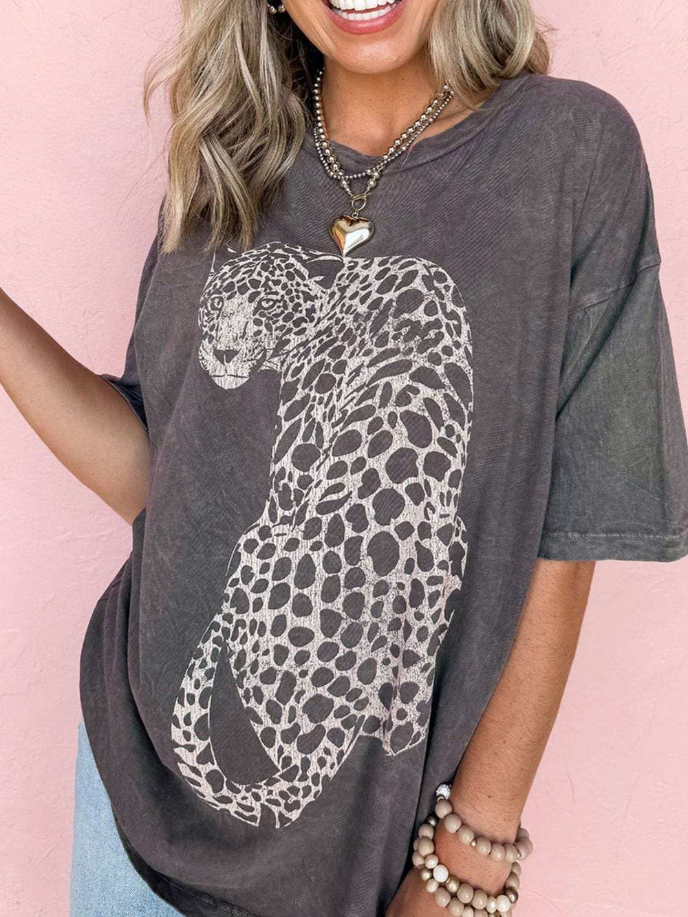 Cheetah Mineral Wash Round Neck Half Sleeve T-Shirt - Trendsi - Flyclothing LLC