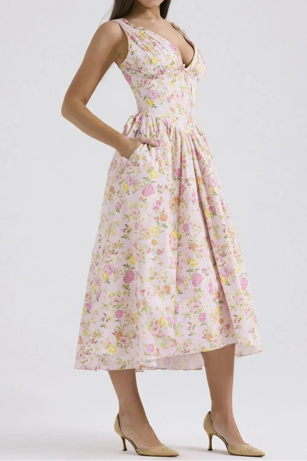 Floral V-Neck Sleeveless Midi Dress with Pockets - Trendsi - Flyclothing LLC