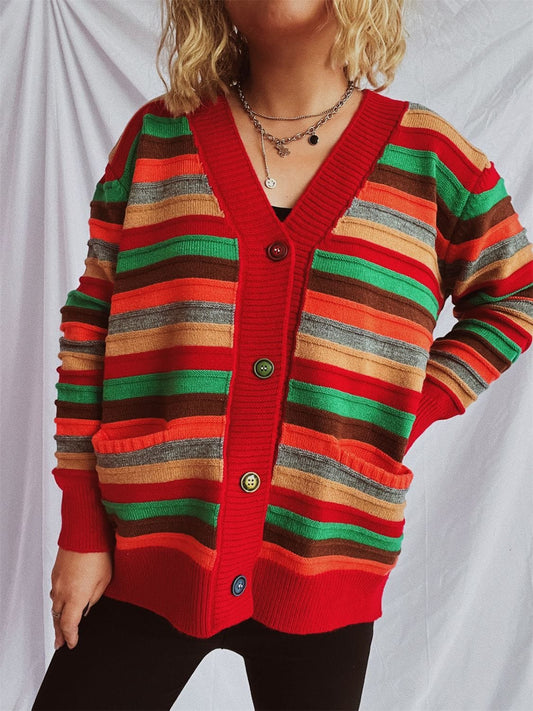 Contrast Stripes Button Up Long Sleeve Cardigan - Trendsi