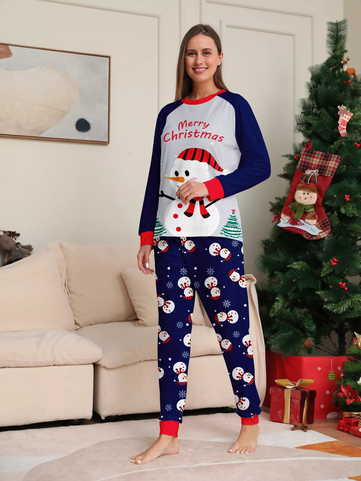 Full Size Family Matching Christmas Snowman Print Pajama Set Plus Size - Trendsi - Flyclothing LLC