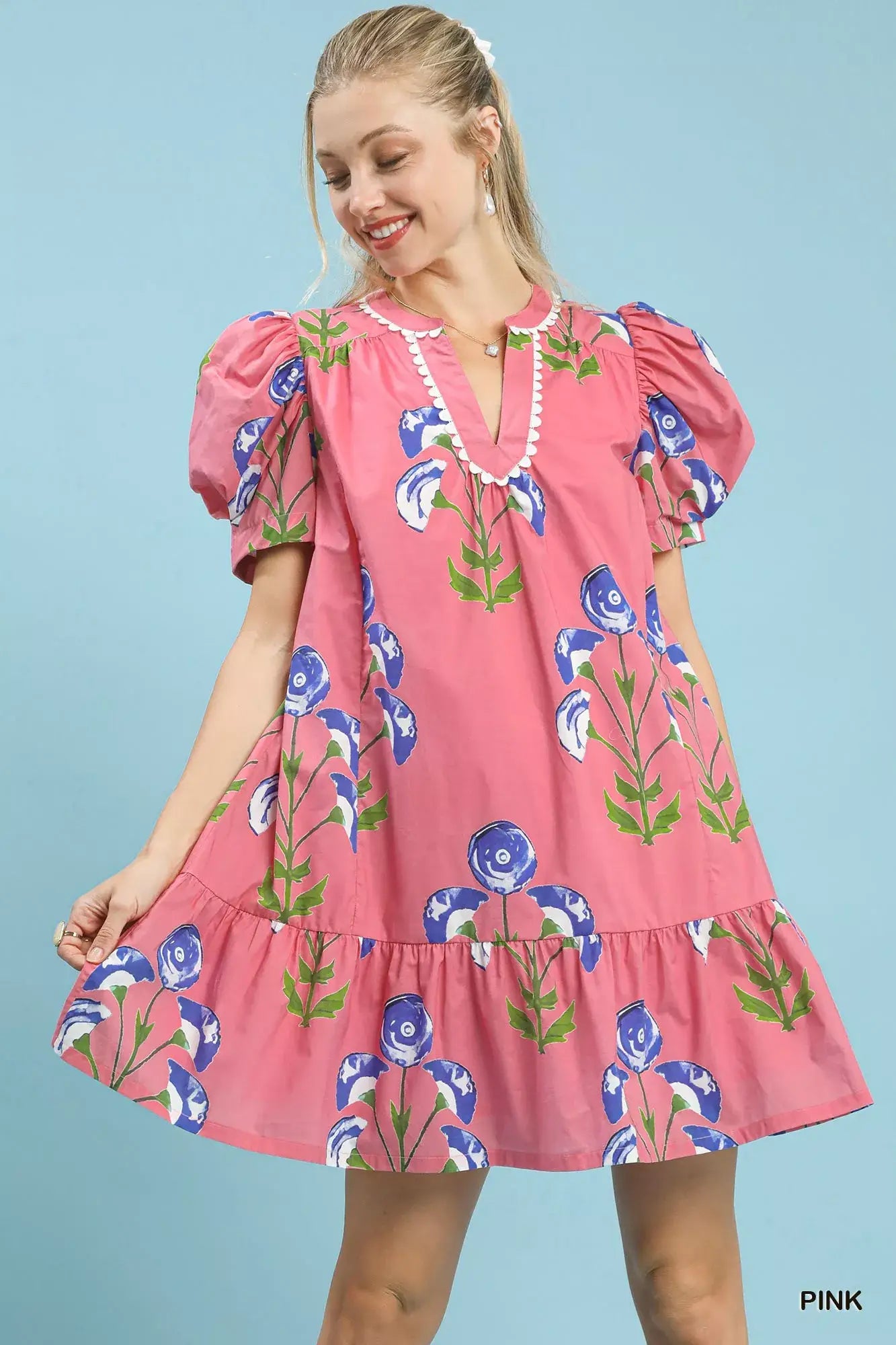 Umgee Floral Print Puff Sleeve Mini Dress with Scallop Trim - Trendsi - Flyclothing LLC