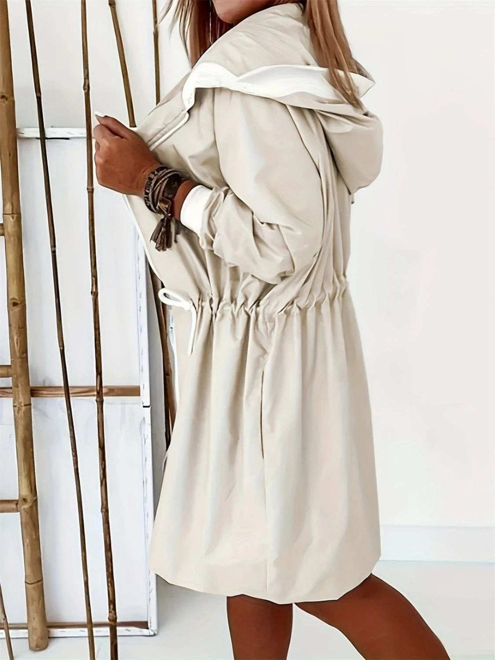 Drawstring Long Sleeve Hooded Trench Coat - Trendsi - Flyclothing LLC