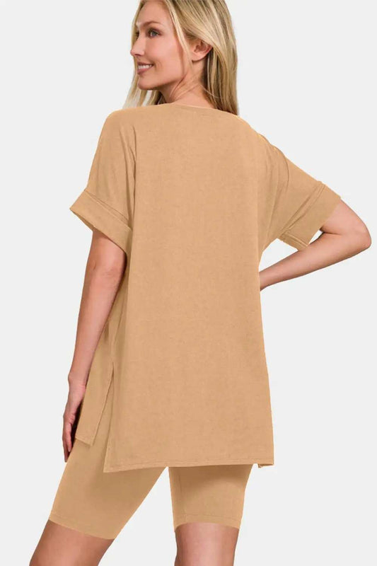 Zenana V-Neck Short Sleeve T-Shirt and Biker Shorts Set - Trendsi - Flyclothing LLC