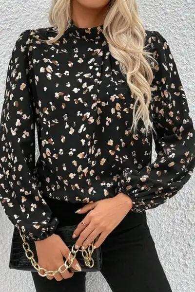 Printed Mock Neck Balloon Sleeve Blouse - Trendsi - Flyclothing LLC
