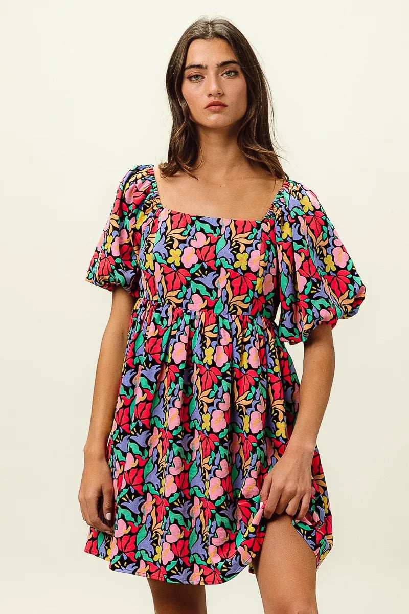 BiBi Floral Print Puff Square Neck Dress - Trendsi - Flyclothing LLC