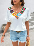 Contrast V-Neck Short Sleeve Top - Trendsi