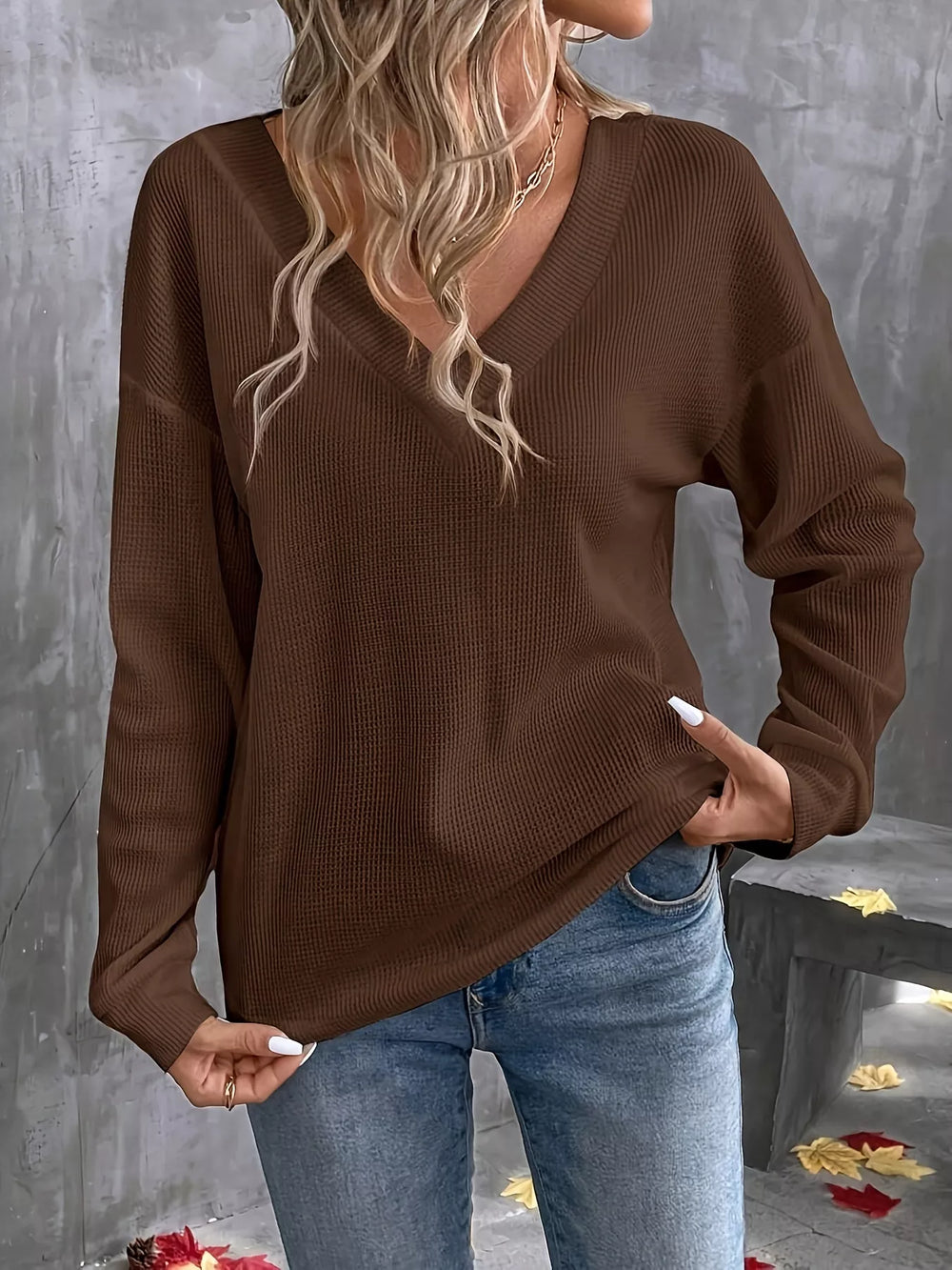 V-Neck Waffle Knit T-Shirt - Trendsi - Flyclothing LLC