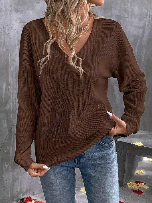 V-Neck Waffle Knit T-Shirt - Trendsi - Flyclothing LLC