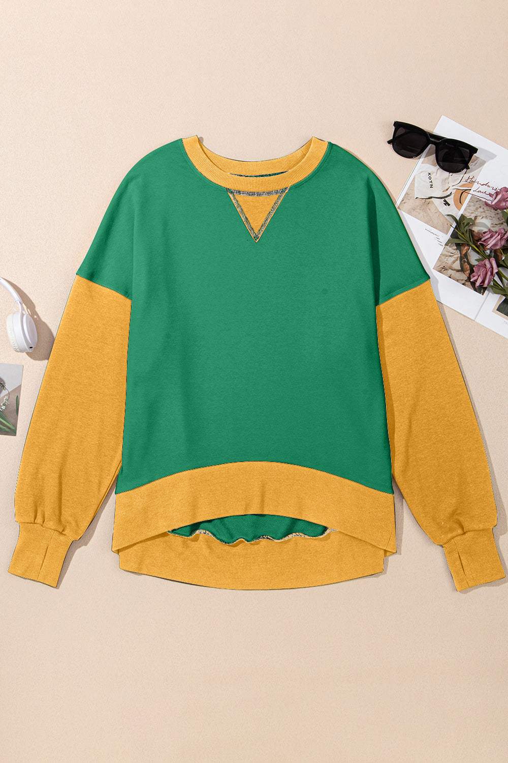 Contrast Round Neck Long Sleeve Sweatshirt - Trendsi - Flyclothing LLC