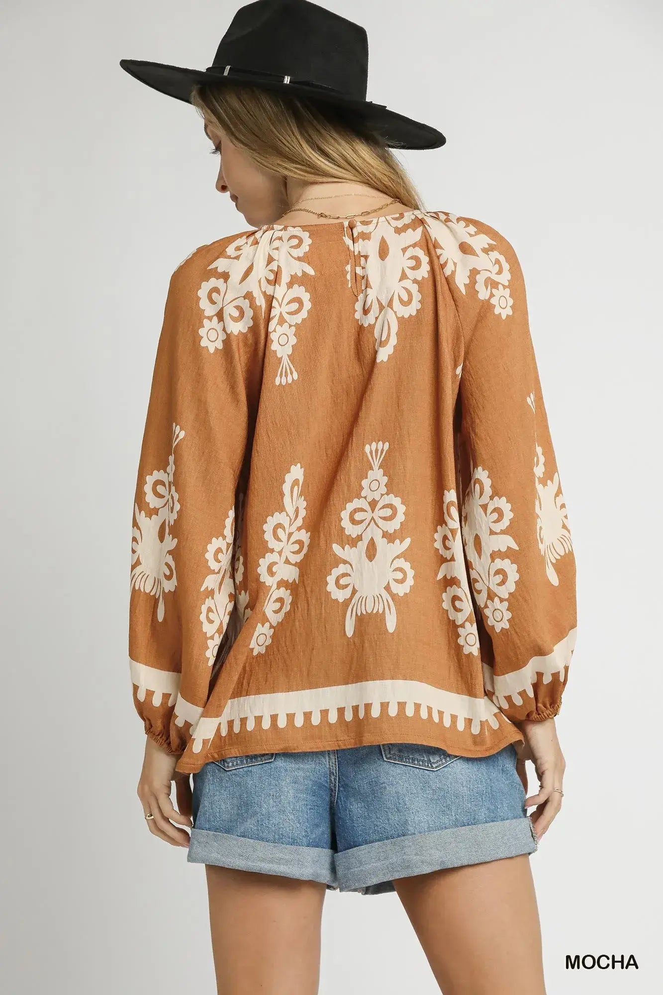 Umgee Full Size Two Tone Border Print Top with Balloon Sleeves Plus Size - Trendsi - Flyclothing LLC