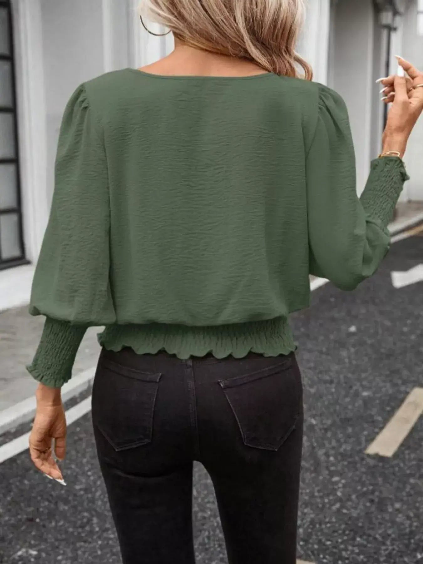 Smocked Waist Round Neck Blouse - Trendsi - Flyclothing LLC