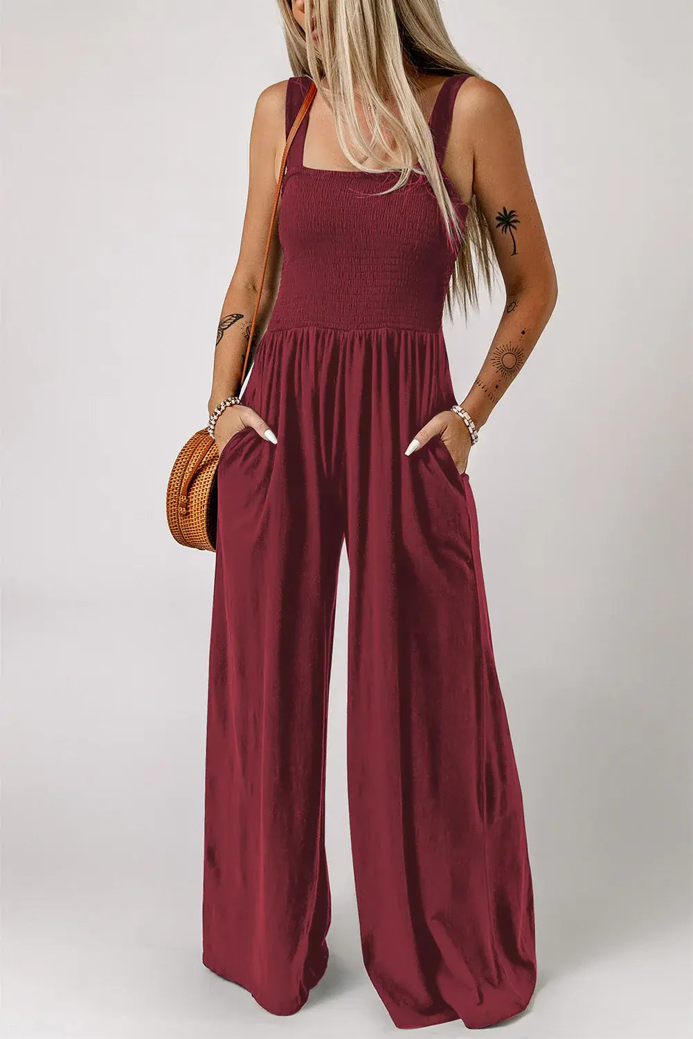 Smocked Square Neck Wide Leg Jumpsuit with Pockets - Trendsi - Flyclothing LLC