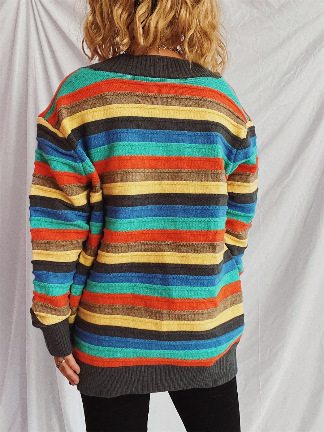 Contrast Stripes Button Up Long Sleeve Cardigan - Trendsi