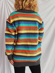 Contrast Stripes Button Up Long Sleeve Cardigan - Trendsi
