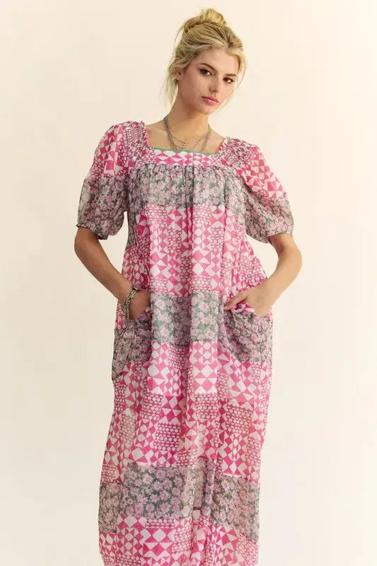 Davi & Dani Multi Floral Square Neck Puff Sleeve Maxi Dress - Trendsi - Flyclothing LLC