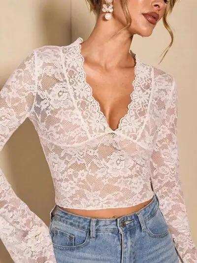 V-Neck Flare Sleeve Lace Top - Trendsi - Flyclothing LLC