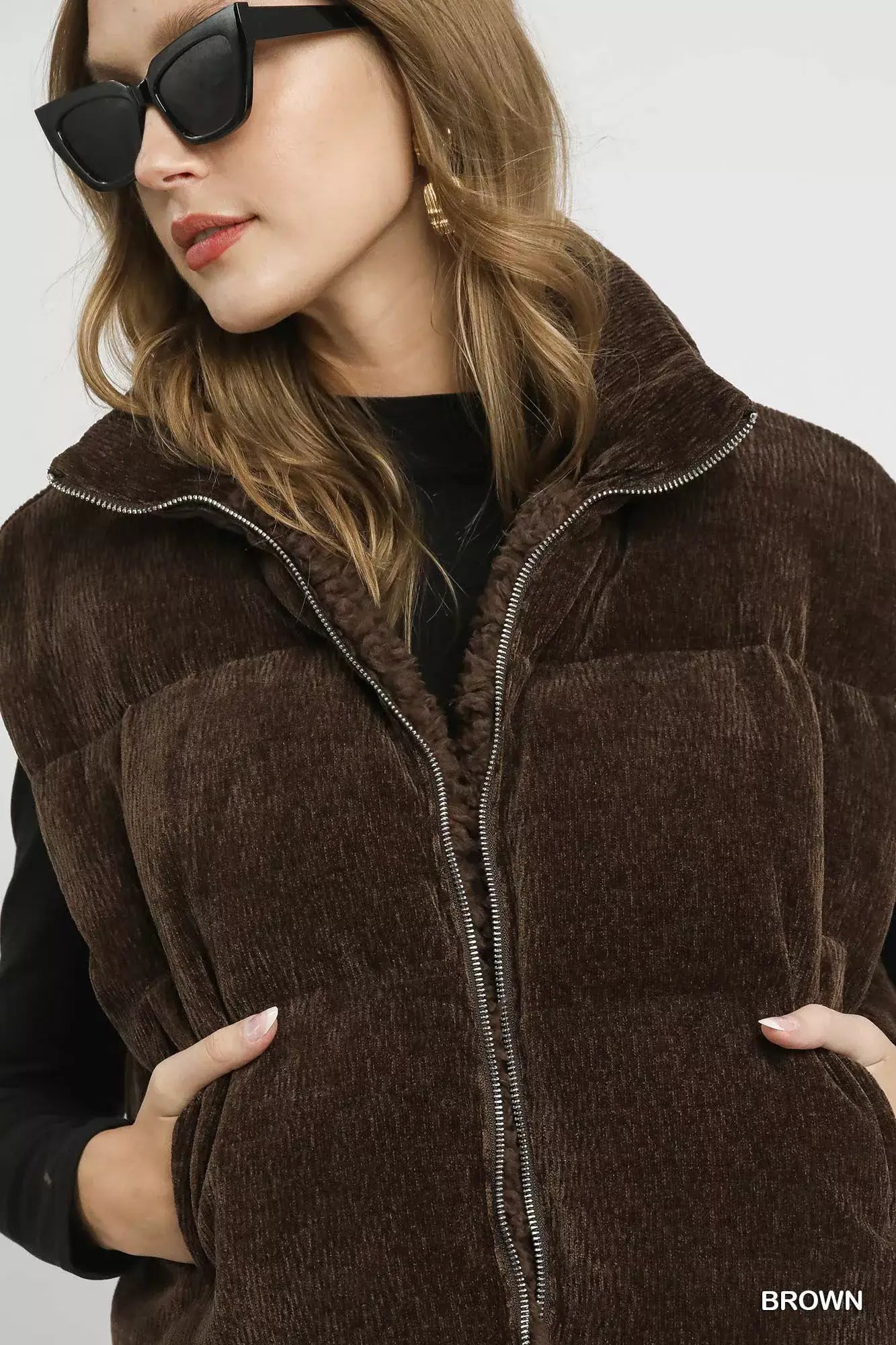 Umgee Sherpa-Lined Zip Vest with Drawstring Hem - Trendsi - Flyclothing LLC
