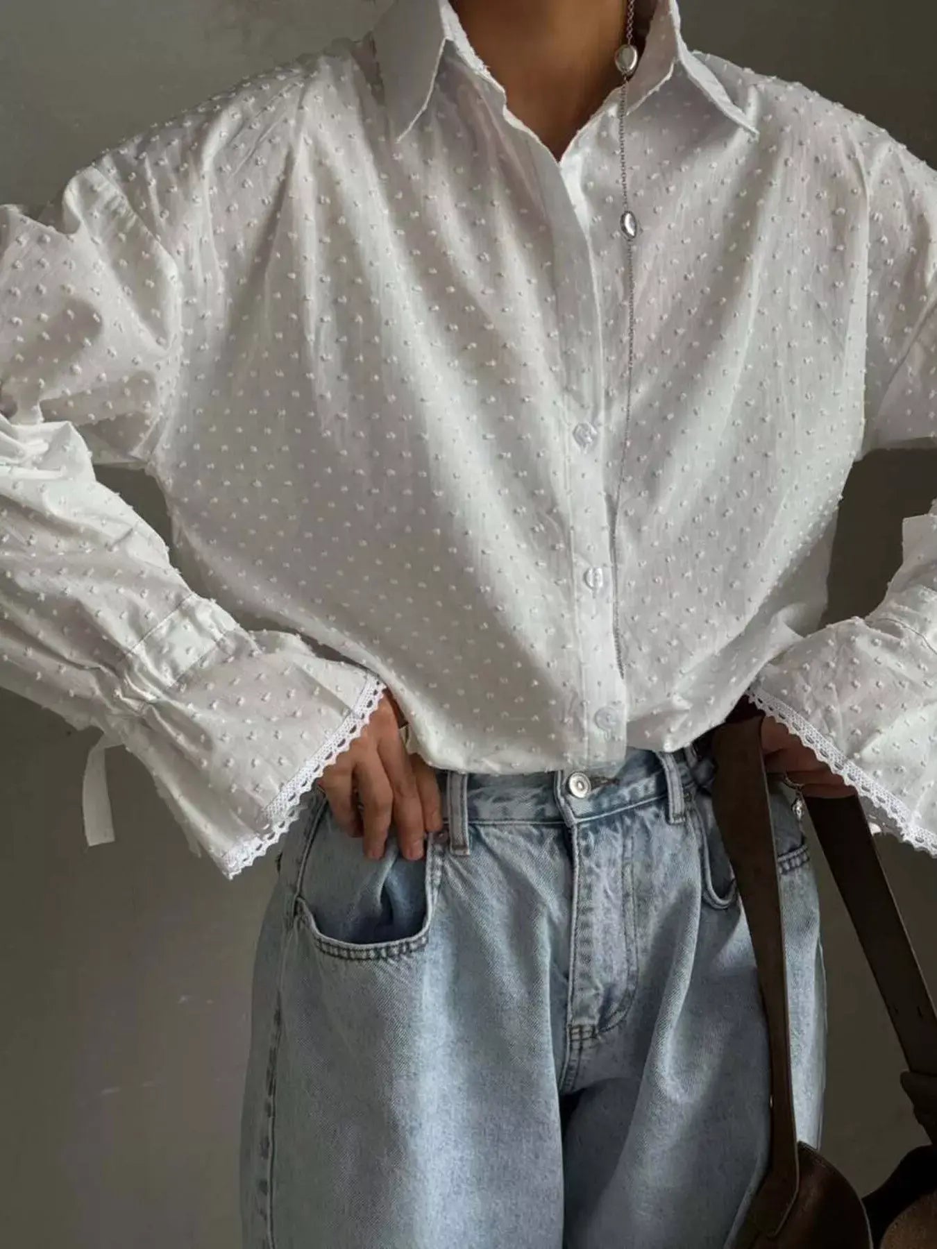Swiss Dot Flounce Sleeve Shirt - Trendsi - Flyclothing LLC