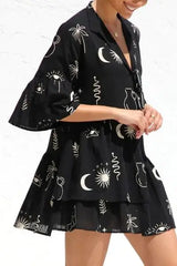 Ruched Printed Three-Quarter Sleeve Mini Dress - Trendsi - Flyclothing LLC
