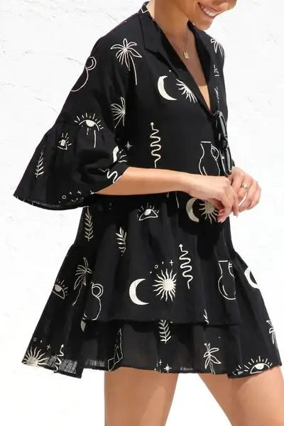 Ruched Printed Three-Quarter Sleeve Mini Dress - Trendsi - Flyclothing LLC