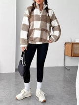 Full Size Plaid Sherpa Long Sleeve Sweatshirt Plus Size - Trendsi - Flyclothing LLC