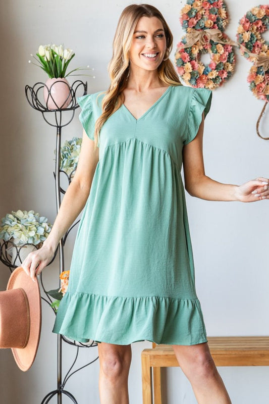 Heimish Full Size Short Sleeve V Neck Ruffled Hem Dress - Trendsi