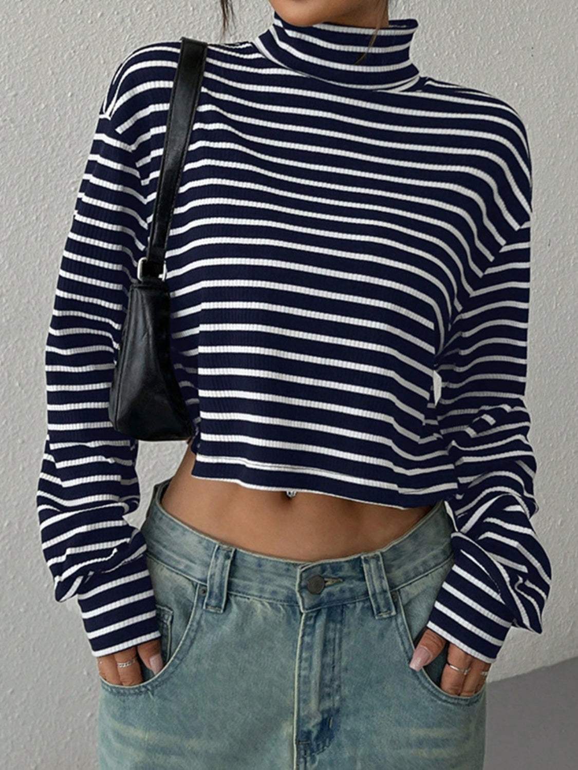 Striped Turtleneck Long Sleeve T-Shirt - Trendsi - Flyclothing LLC