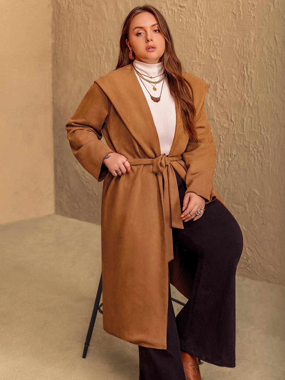 Plus Size Tied Long Sleeve Hooded Coat with Pockets - Trendsi