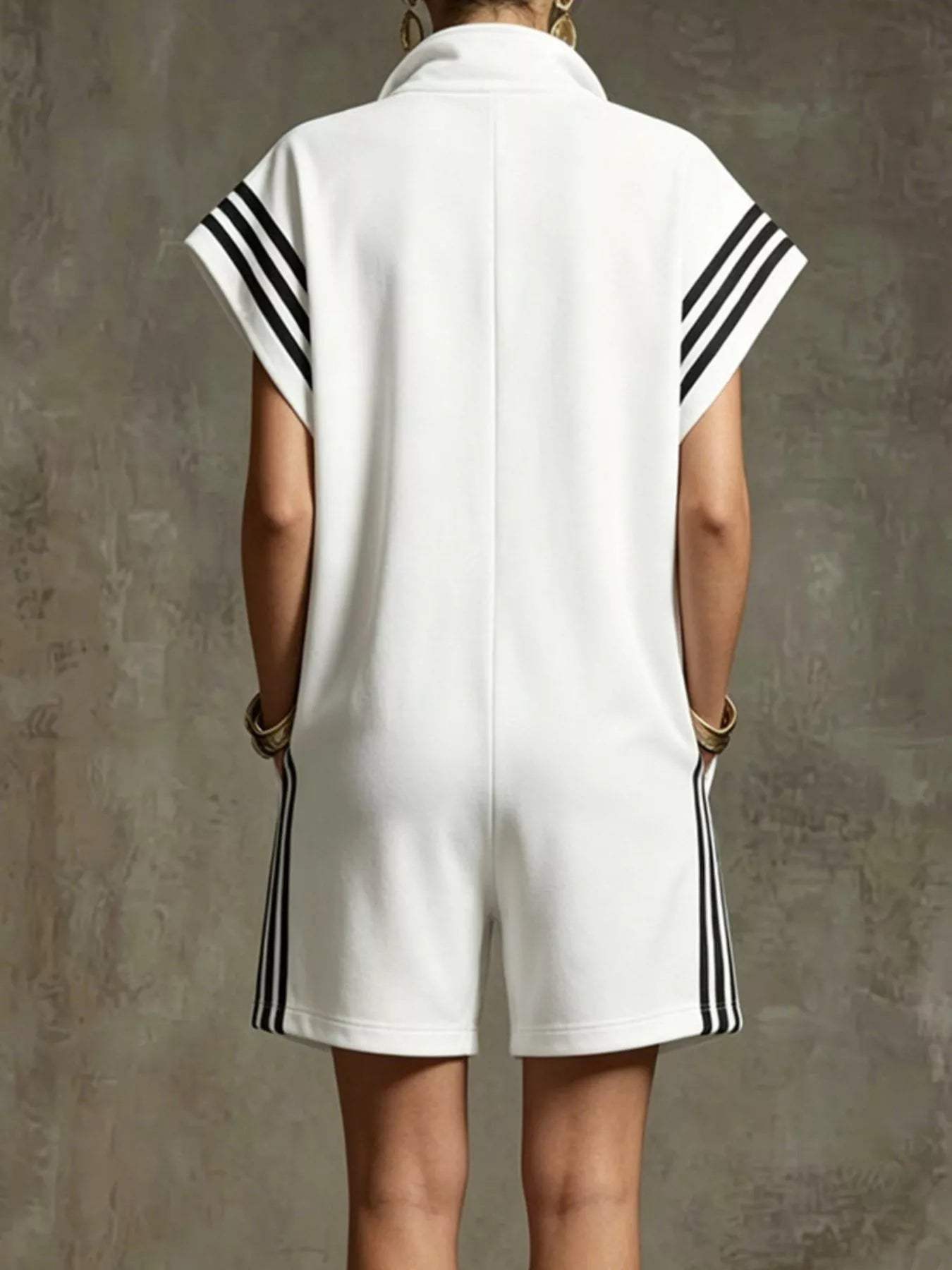 Striped Zip Front Short Sleeve Romper - Trendsi - Flyclothing LLC