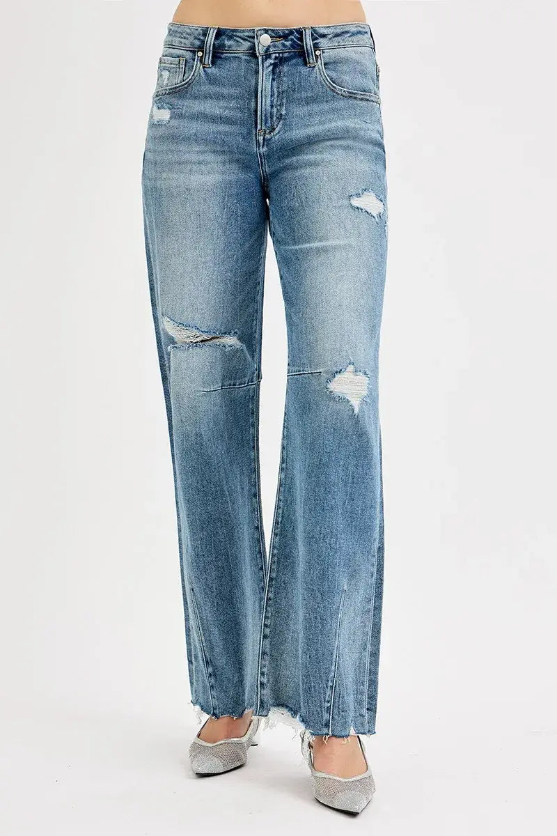 RISEN Full Size Mid Rise Fit Wide Baggy Leg Tie Washed Jeans Plus Size - Trendsi - Flyclothing LLC
